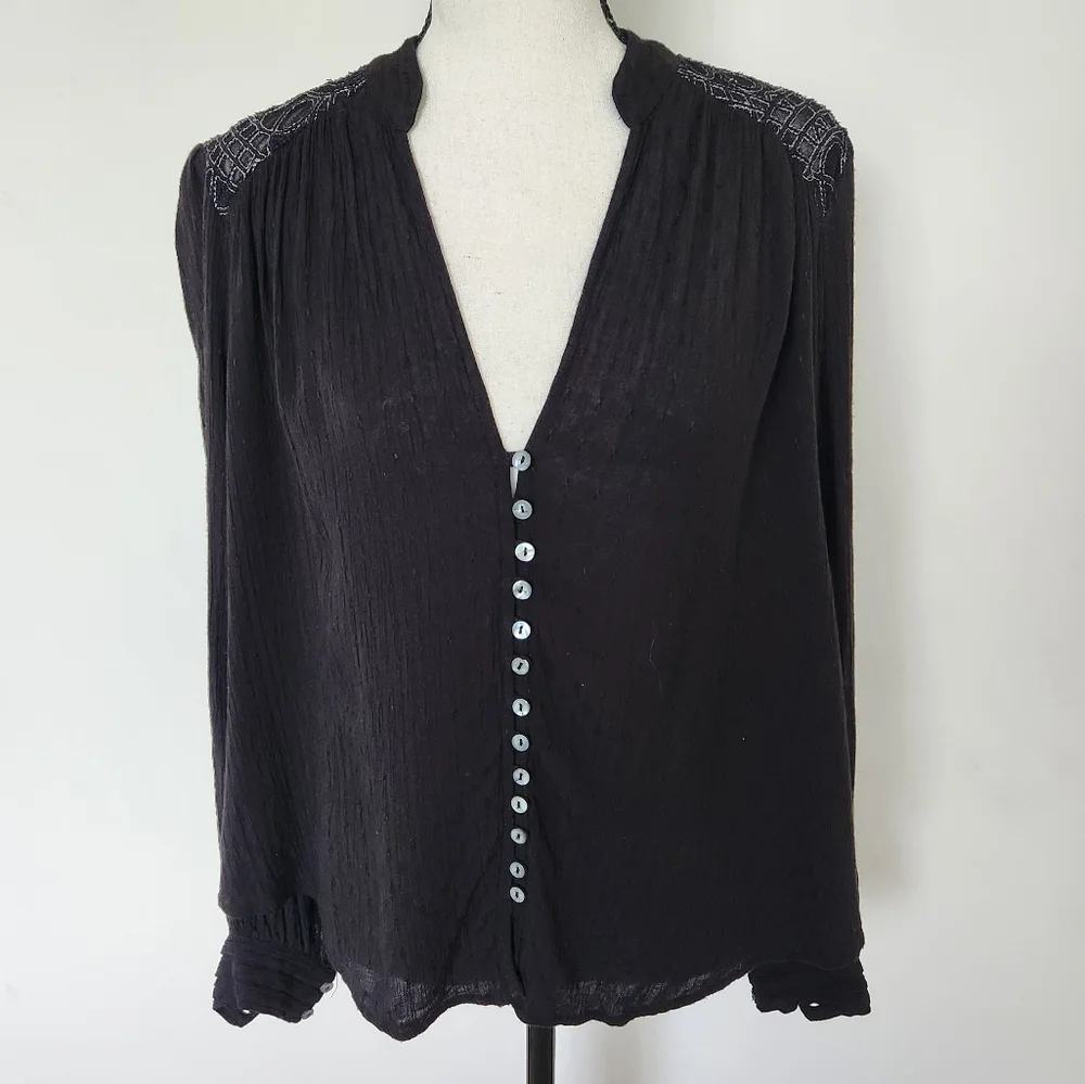 FREE PEOPLE Canyon Rose Embroidered Boho Hi Lo Blouse Black Whimsigoth Grunge XS